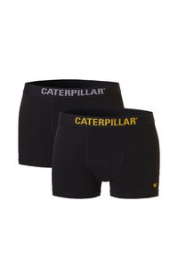 Boxer-briefs en coton noir avec un logo "CATERPILLAR" gris et jaune sur la ceinture élastique. Deux paires sont présentées.