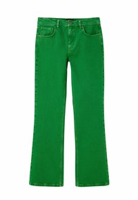 Jeans de mezclilla verdes de corte acampanado con un diseño de cinco bolsillos, detalles cosidos y un cierre de botón en la cintura. Textura suave y color brillante.