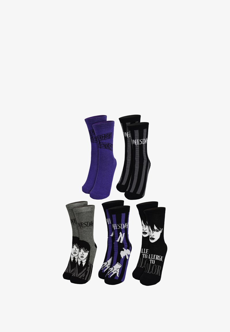 Set di sei calzini in vari colori: viola, nero e grigio. Caratterizzati da grafiche, righe e testo, hanno una texture morbida e una lunghezza fino al polpaccio.