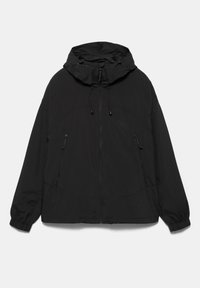 Veste noire à capuche avec fermeture éclair frontale, cordons réglables à la capuche, deux poches latérales zippées et poignets élastiques aux manches.