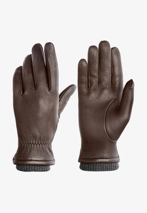 Braune Lederhandschuhe mit glatter Oberfläche, gestricktem Bündchen am Handgelenk, einem fünf-Finger-Design und minimalen Nähdetails.