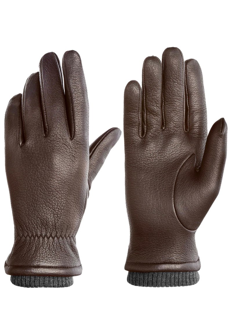 Brune læderhandsker med en glat tekstur, strikket manchet ved håndleddet, fem-fingers design og minimale syninger.