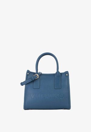 Sac à main Valentino bleu avec double poignée, bandoulière réglable avec boucle dorée et nom de marque embossé sur le panneau avant.
