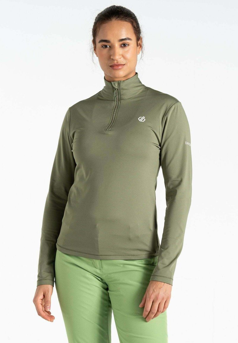 Langärmliger, olivgrüner, mit Reißverschluss versehenen Pullover aus glattem Stoff. Verfügt über ein kleines Logo auf der Brust und eine taillierte Passform.