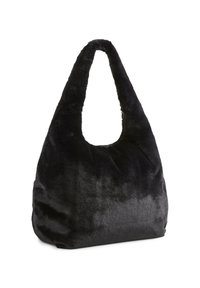 Black plush fabric hobo bag with a wide strap and slouchy, soft texture, shown against a white background.
