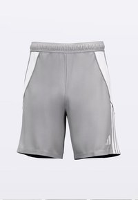 Szare spodenki sportowe z elastycznym paskiem w talii, białymi panelami po bokach i logo Adidas na dolnej lewej nogawce.