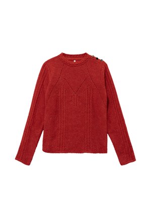 Rode gebreide trui met lange mouwen, textuurpatroon, ronde hals en decoratieve knopen op de schouder voor extra detail.
