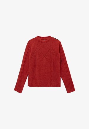 Rode gebreide trui met lange mouwen, textuurpatroon, ronde hals en decoratieve knopen op de schouder voor extra detail.