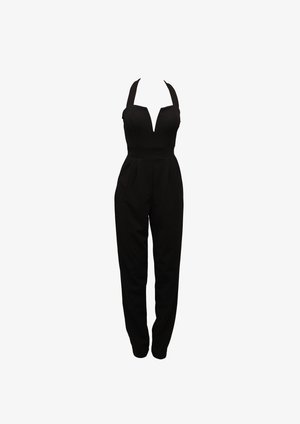 Black jumpsuit with a deep V-neck, halter straps, and tailored pleats. Fitted at the waist, tapered leg design, smooth texture.