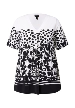 V-hals kort mouw top met een zwart-wit bloemen- en stippenpatroon, met een losse pasvorm en een zachte stoftextuur.