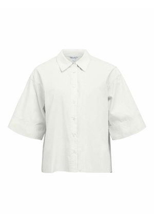 Chemise blanche à manches courtes avec boutons et col classique, coupe ample, présentée sur un fond blanc uni.
