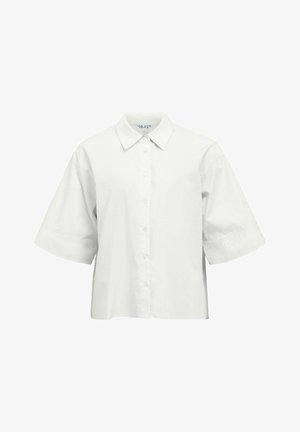 Chemise blanche à manches courtes avec boutons et col classique, coupe ample, présentée sur un fond blanc uni.