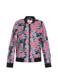 Zipjack in een levendig roze, blauw en zwart abstract patroon. Voorzien van een zwarte geribde kraag en manchetten, en zijzakken.