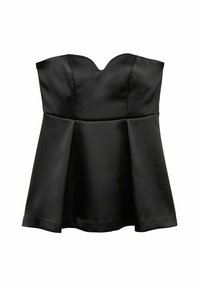 Musta satiininen olkaimeton peplum-toppi sydänkaula-aukolla, sileällä pinnalla ja levenevällä helman muodolla, joka sisältää hienovaraisia saumoja ja siistejä linjoja.