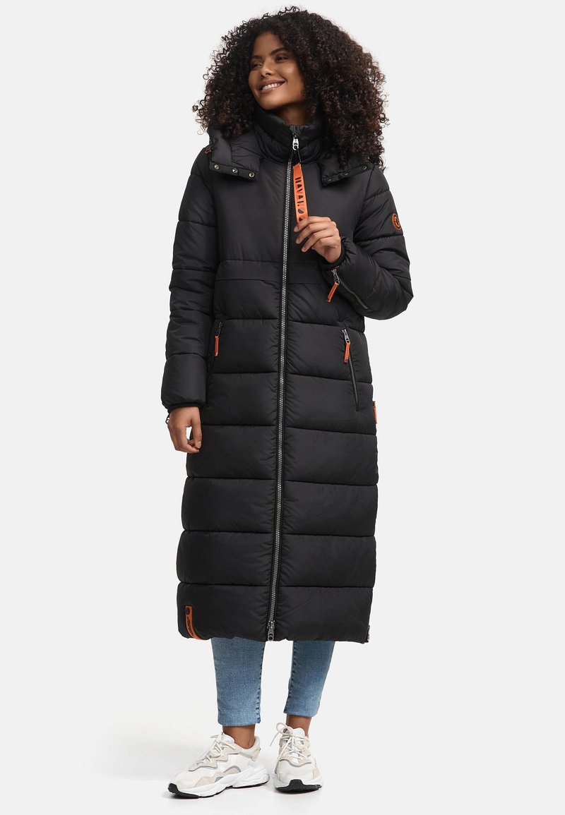 Long black puffer coat with a high collar, featuring orange zipper accents and side pockets, made from quilted, padded material.