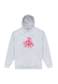 Grå hoodie med en rosa grafisk design med figurer och hjärtan på framsidan, snören och en känguruficka.