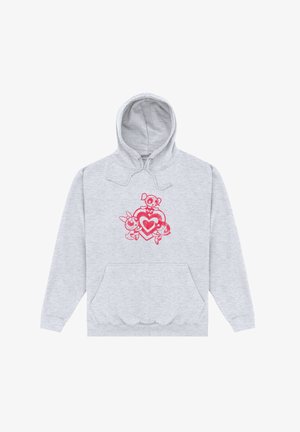Sudadera gris con un diseño gráfico rosa que presenta personajes y corazones en la parte frontal, con cordones y un bolsillo tipo canguro.