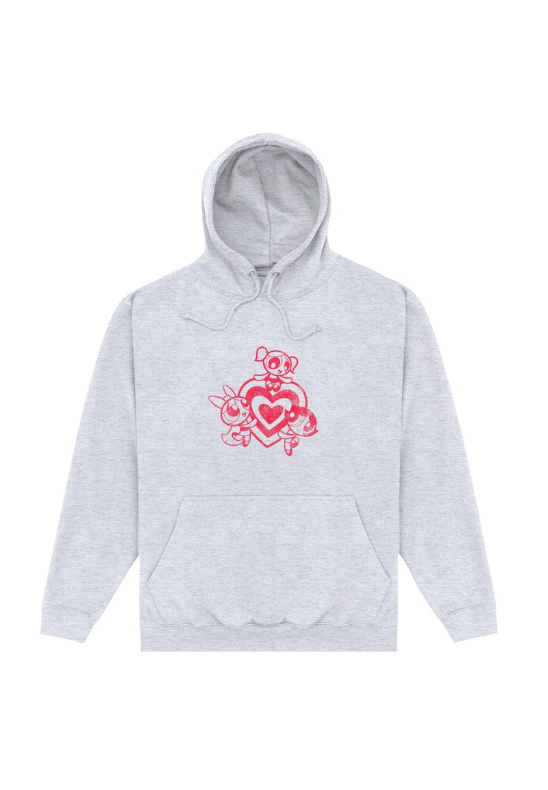 Grå hoodie med en rosa grafisk design med figurer och hjärtan på framsidan, snören och en känguruficka.