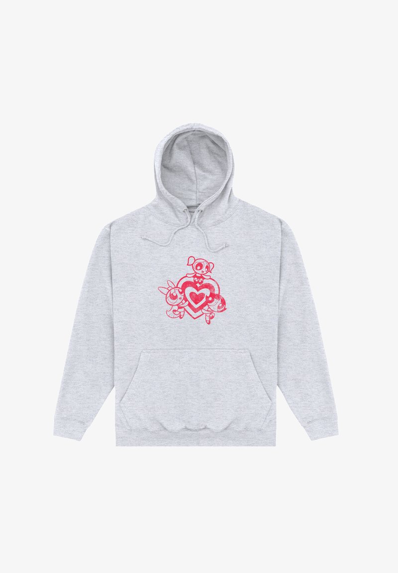 Grå hoodie med en rosa grafisk design med figurer och hjärtan på framsidan, snören och en känguruficka.