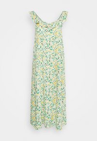 Robe longue sans manches à imprimé floral jaune, vert et bleu sarcelle, avec bretelles à volants et léger décolleté en V sur fond blanc.