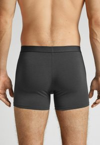 Dunkelgraue Boxer-Briefs mit glatter Textur, elastischem Bund und minimalistischen Design, das einen mittelhohen Schnitt und keine sichtbaren Muster zeigt.