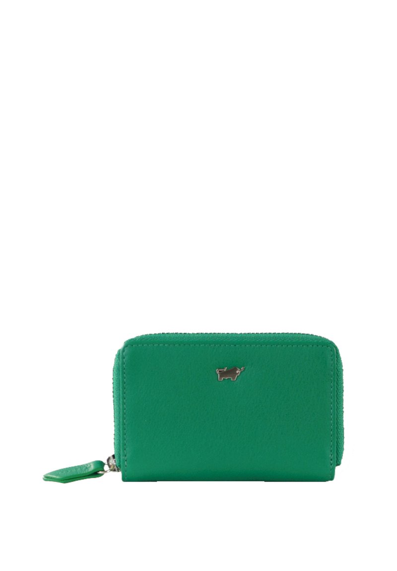 Groene leren ritstas met een gladde textuur, rechthoekige vorm en zilveren logo accent aan de voorkant. Met ritssluiting.