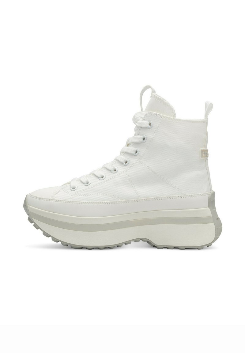 White high-top sneakers made of canvas with a textured surface, featuring a thick platform sole and lace-up front.