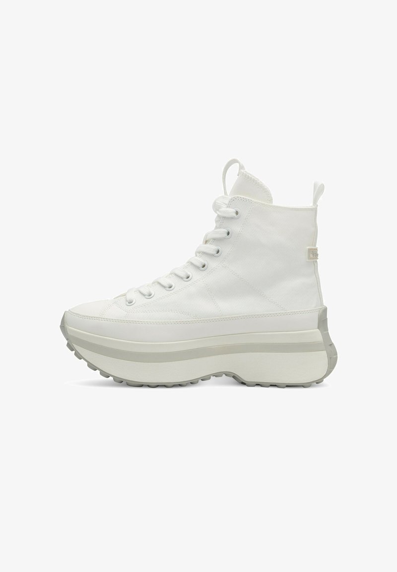 White high-top sneakers made of canvas with a textured surface, featuring a thick platform sole and lace-up front.