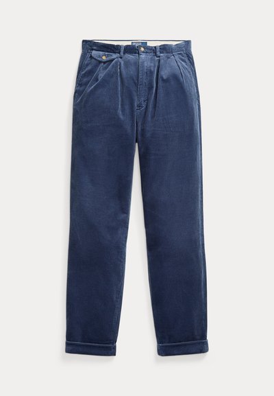 Marineblaue kordbarett-Hosen mit entspannter Passform, featuring einen gefalteten Frontbereich, zwei Seitentaschen und einem umgeschlagenen Saum. Weicher Griff und strapazierfähiger Stoff.
