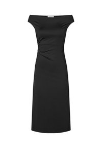 Svart off-the-shoulder kjole laget av elastisk materiale, med rynkedesign på siden og en tettsittende silhuett.