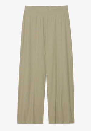 Pantalon beige à jambes larges en maille côtelée avec taille élastique, longueur raccourcie et tissu doux et fluide.