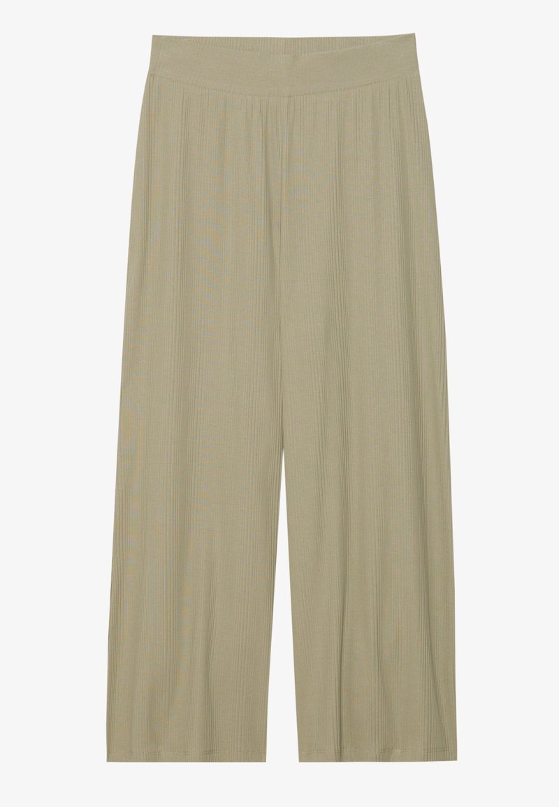 Pantalon beige à jambes larges en maille côtelée avec taille élastique, longueur raccourcie et tissu doux et fluide.