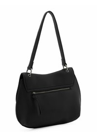 Borsa a spalla in pelle nera con una texture liscia, tasca frontale con cerniera e una lunga tracolla per il trasporto. Forma arrotondata e design minimal.