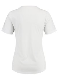 T-shirt bianco a maniche corte con scollatura a girocollo, realizzato in morbido cotone; texture liscia; retro senza decorazioni.