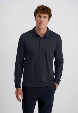 Dunkelblaues Langarm-Polo-Shirt mit einem Kragen, einer Knopfleiste und einer Brusttasche. Glattes Material mit einer figurbetonten Passform.