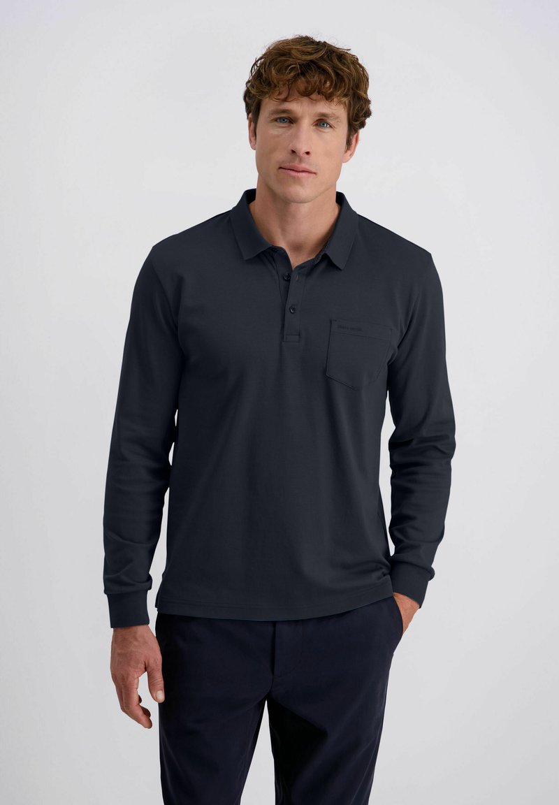 Dunkelblaues Langarm-Polo-Shirt mit einem Kragen, einer Knopfleiste und einer Brusttasche. Glattes Material mit einer figurbetonten Passform.