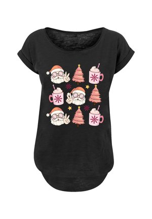 Black T-shirt with repeating pattern of Santa faces wearing glasses and making peace signs, pink Christmas trees, mugs with whipped cream, and stars.