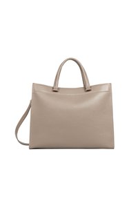 Beige leren tote bag met een gestructureerde vorm, dubbele bovenhandvatten en een afneembare schouderband. Gladde textuur met subtiele korreldetails.