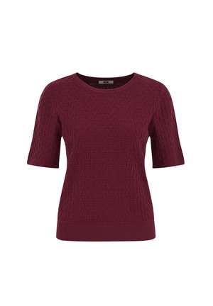 Trumpomis rankovėmis bordo megztinis su tekstūriniu geometriniu raštu bei ribelėmis prie apykaklės, rankogalių ir apačios, ant balto fono.