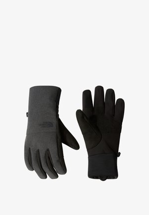Schwarze Handschuhe mit einem strukturierten grauen Stoff auf der Rückseite, glatten schwarzen Handflächen und griffigen Akzenten. Enthält einen Mechanismus zur Handgelenksverstellung.