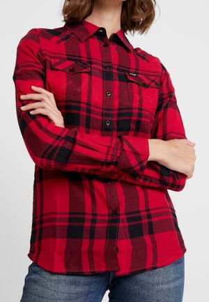 Kobieta w czerwono-czarnej koszuli w kratę zapinanej na guziki z kieszeniami na piersi oraz niebieskich dżinsach, z założonymi rękami na jasnoszarym jednolitym tle.