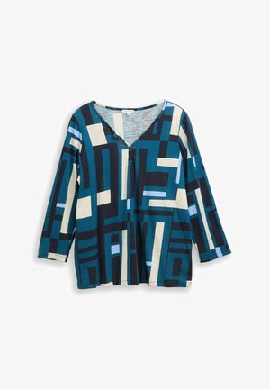 Bluzica dugih rukava s geometrijskim pravokutnim uzorcima u tirkiznoj, crnoj, krem i svijetloplavoj boji, V-izrez i dva gumba sprijeda.