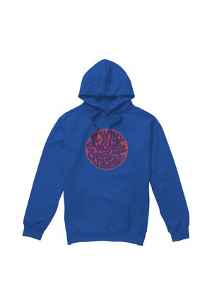 Blue hooded sweatshirt with front pocket and red circular text reading "Willy Wonka Chocolate Factory" in stylized font.