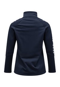 Marineblaue Sportjacke mit hohem Kragen, langen Ärmeln und taillierter Passform. Verfügt über Logodetails entlang der Ärmel und eine glatte Textur.