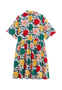 Robe à motif floral avec un mélange de fleurs rouges, roses, jaunes et vertes sur un fond crème, dotée d'un col court et d'une taille élastique.