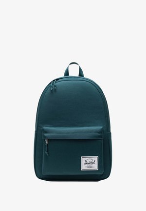 Teal canvas rugzak met een ronde vorm, een voorzak met ritssluiting, een handvat aan de bovenkant en een logopatch aan de onderkant van de voorkant. Gladde textuur.