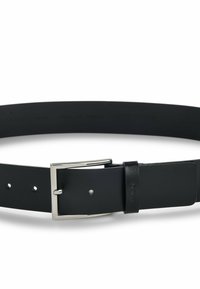 Ceinture en cuir noir avec une finition lisse, dotée d'une boucle rectangulaire en métal argenté et de plusieurs trous d'ajustement.