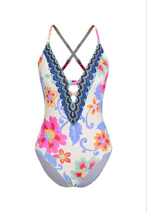 Bañador de una pieza con tirantes cruzados, escote en V profundo y diseño colorido de flores y ondas azules sobre fondo blanco.