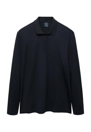 Polo shirt nera a maniche lunghe con colletto e patta con bottoni, mostrata su uno sfondo bianco.