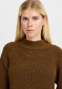 Pulover tricotat maro cu un guler înalt și texturat. Prezintă un gât cu tivuri și un corp cu model, evidențiind un aspect comod și pufos al firului.